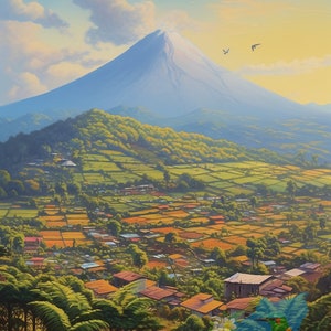 May include: A painting of a mountain range with a village in the foreground. The mountain is snow-capped and the village is surrounded by green fields. The sky is blue with white clouds. The text "Mi Nicaragua es Linda" is in the lower right corner of the painting.