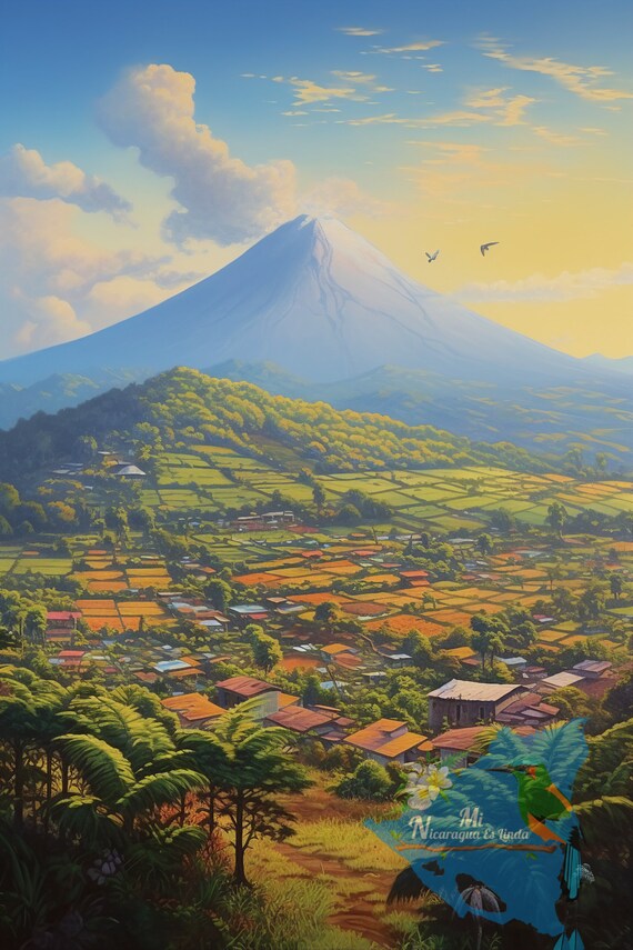 Landscape Oil Art In Nicaragua Countryside Of Volcan San Cristobal Naive Latin Impressionist Printable | Arte De Pared Digital Imprimible