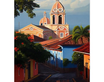 Old Colonial Church Of Granada Nicaragua Naive Folk Art Vintage Aesthetics Oil Painting Arte De Nicaragua
