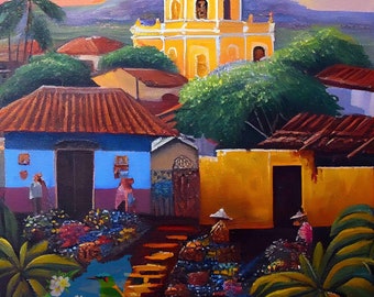 Village Of Granada Nicaragua Cobblestone Street Spain Colonial Church Style Naive Folk Art Aesthetics  Painting Arte De Nicaragua Ingenuo