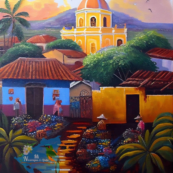 Village Of Granada Nicaragua Cobblestone Street Spain Colonial Church Style Naive Folk Art Aesthetics  Painting Arte De Nicaragua Ingenuo