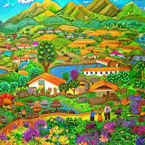 May include: A colorful painting depicting a lush green landscape with houses, trees, and flowers. The painting is done in a naive style with bright colors and simple shapes. The scene is reminiscent of a rural village.