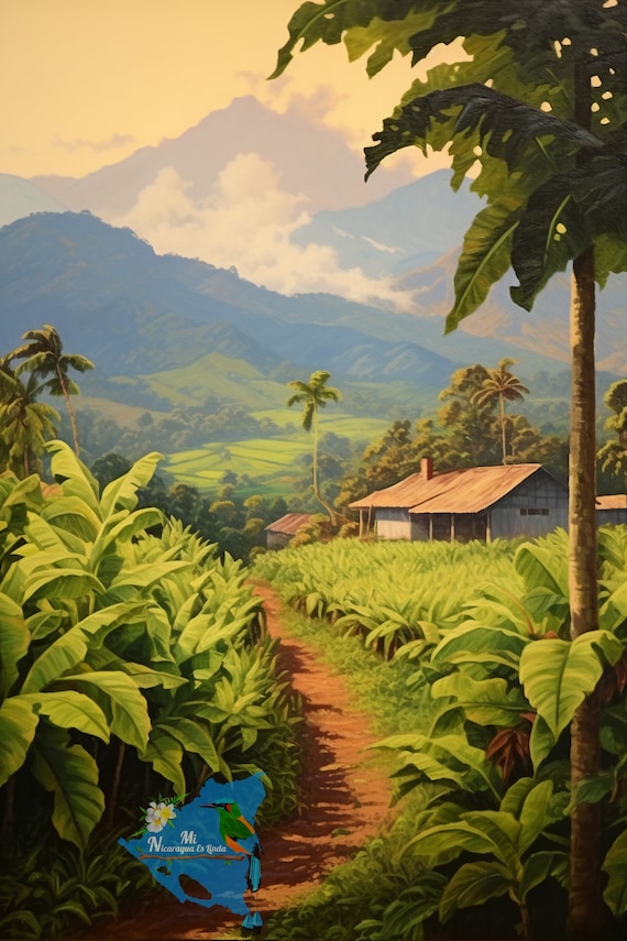 tobacco valley painting Nicaragua Tobacco Plants Farmhouse Countryside Mountain Landscape Painting  of Central America Calming Wall Naive Latin Impressionist Art