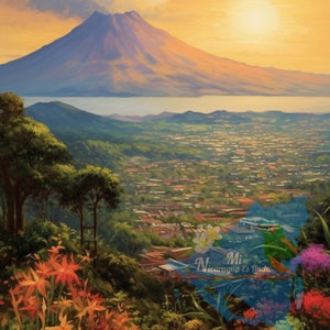 Oil Painting Nicaragua Lake Managua San Cristobal Volcano Mountain Landscape Farmhouse of Central America Art Calming Wall Naïve Latin Art