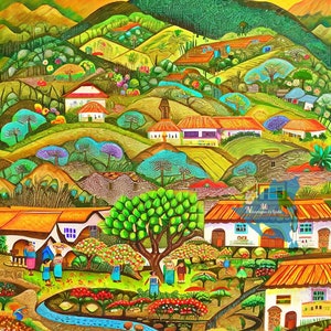 May include: A colorful painting depicting a small village nestled in a lush green valley. The houses are painted in bright colors, with red roofs and white walls. There are trees and flowers scattered throughout the scene, and a small river winds its way through the valley. The painting is done in a naive style, with simple lines and bold colors.