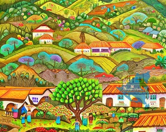 Matagalpa Nicaragua Naive Art, Tribute To Corn Harvest Life Calming Artwork Painting, Arte De Nicaragua Ingenuo