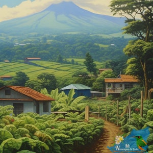 May include: A painting of a lush green landscape with a large mountain in the background. The foreground features a dirt path leading through a field of green plants. There are several houses in the distance, and a blue sky with white clouds.