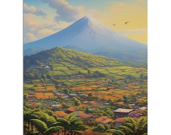 San Cristobal Volcano Nicaragua Countryside Landscape | Farmhouse Oil Canva Painting Style | Calming Wall Naive Latin Impressionist Art