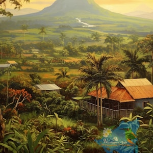 Vintage Impressionist Sunset View of Jinotega Nicaragua Oil Painting Countryside Mountain Landscape of Central America Art Naive Latin Art