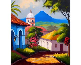 Printed Poster of Cobblestone Streets of Yesterdays of Leon Nicaragua Wall Art Painting Calming Wall Naive Latin