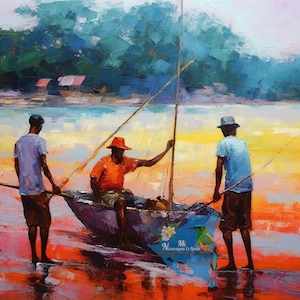 Pintura al óleo de Bluefield Nicaragua Pescadores de la Costa Atlántica Arte de la pared tropical / Arte De Pared De Pescadores La Costa Atlántica De Nicaragua