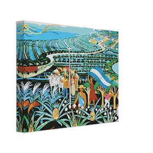 May include: A colorful painting depicting a rural scene with people in a field of pineapple plants. The painting features a blue sky, green fields, and a group of people carrying a large flag. The flag is blue and white with a blue triangle in the upper left corner.
