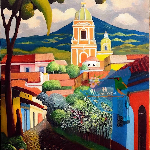 Central America Town Of Granada Nicaragua Spanish Colonial Church Cobblestone Street Naive Art Print Artwork Arte De Nicaragua Ingenuo