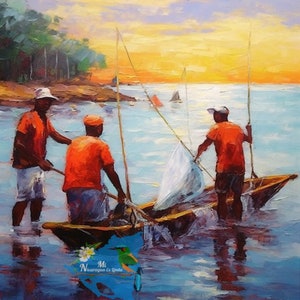 Pintura al óleo caprichosa de Bluefield Nicaragua Pescadores de la Costa Atlántica Arte de la pared tropical / Arte De Pared De La Costa Atlántica De Nicaragua