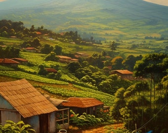 Atardecer en Nicaragua Plantas de Tabaco Granja Campo Montaña / Pintura de América Central Muro Calmante Arte Impresionista Latino Ingenuo