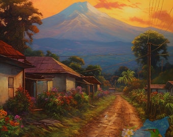 Sunset Landscape Art In Nicaragua Countryside Rustic Farmhouse, Vintage Mountain Painting Of Calming Wall Naive Latin Impressionist Art
