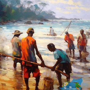 Corn Island Nicaragua Costa Atlántica Caprichosa Pintura Al Óleo Pescadores Tropical Wall Art / Arte De Pared De Pescadores De Nicaragua