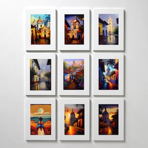 May include: Nine framed paintings of colorful cityscapes with buildings, streets, and people. The paintings are arranged in a grid pattern on a white wall.