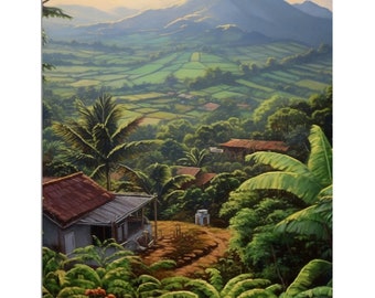Impressionist Coffee Farmhouse Farm Scenery | Countryside Landscape Oil On Canvas Painting Art | Nicaragua Calming Wall Naive Latin Art