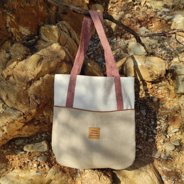 Sac totebag blanc cassé, beige ficelle et marron châtaigne 35x35 cm.