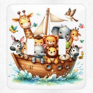 May include: A light brown wooden boat with a white sail is filled with a variety of cute animal characters. The animals include a giraffe, zebra, elephant, lion, and a few birds. The boat is surrounded by blue water with white foam.