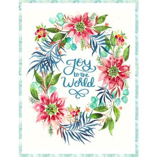Moda - Create Joy Project - Starflower Christmas - Joy To The World Digital Panel, Poinsetta Flowers, Large Panel, Watercolor Quilt Panel