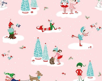 Riley Blake Designs - Tasha Noel - Pixie Noel 2 - Main in Pink, Cute Fabric, Cute Christmas, Light Pink, Christmas Fabric, Holiday Sewing