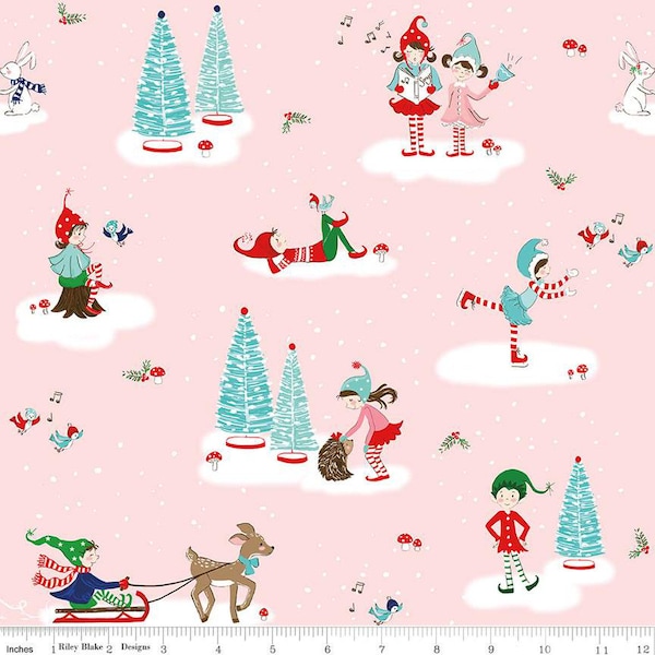 Riley Blake Designs - Tasha Noel - Pixie Noel 2 - Main in Pink, Cute Fabric, Cute Christmas, Light Pink, Christmas Fabric, Holiday Sewing