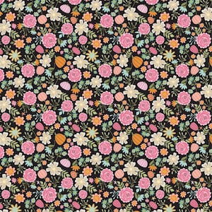 May include: A seamless pattern featuring a variety of pink, orange, yellow, and blue flowers on a black background. The flowers are arranged in a random pattern and are surrounded by small green leaves. There are also small orange pumpkins scattered throughout the pattern.