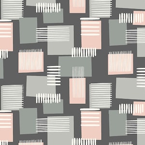 May include: Abstract geometric pattern with overlapping squares in shades of grey, pink, and white on a dark grey background. The squares have white lines and stripes.
