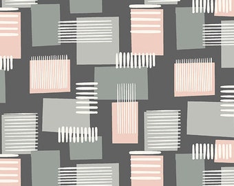 Andover Fabrics - Libs Elliott - Rancho Relaxo - Metro en rose coquille, lignes et carrés, géométrique, mélangeur, basique, rose clair, gris, blanc