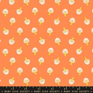 May include: A seamless pattern featuring white mushrooms with yellow stems on a bright orange background.
