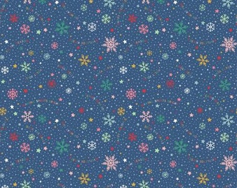 Coton coquelicot - Oh What fun - flocon de neige amusant en bleu, tissu de Noël, tissu de vacances, imprimé flocon de neige, tissu flocon de neige multicolore