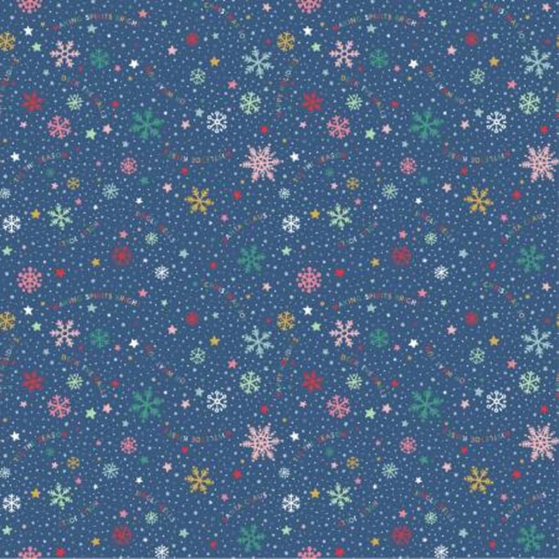 Coton coquelicot Oh What fun flocon de neige amusant en bleu, tissu de Noël, tissu de vacances, imprimé flocon de neige, tissu flocon de neige multicolore image 1