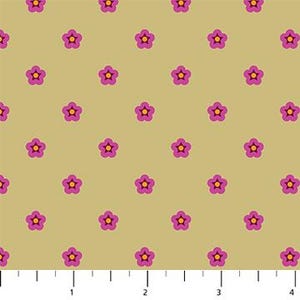 May include: A fabric featuring a repeating pattern of pink and yellow flowers on a tan background. The flowers have a yellow centre and are evenly spaced. A ruler at the bottom shows measurements in inches.