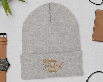 Embroidered "German Shepherd mom" Gold Embroidered Cuffed Beanie Hat