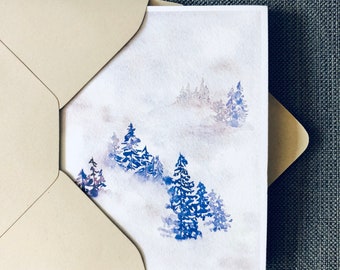 Blue Watercolor Snowy Pines Winter Holiday Card