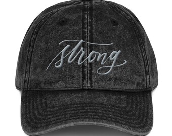 Embroidered Word "Strong" Grey Calligraphy on Vintage Cotton Twill Cap