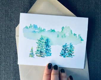 Watercolor Misty Pines Christmas Holiday Card