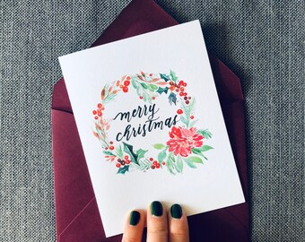 Watercolor "Merry Christmas" Wreathe Holiday Card
