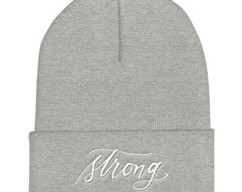 Embroidered Script "Strong" Calligraphy on Cuffed Beanie