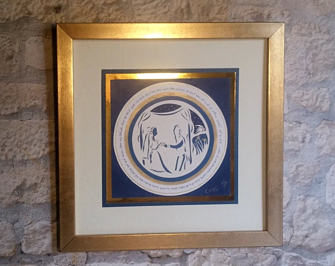 couple Blue Jewish Wedding New House Micrography, Wedding Jewish present Jewish Art Paper cut Bride /& Groom Ruth Chupa Gold