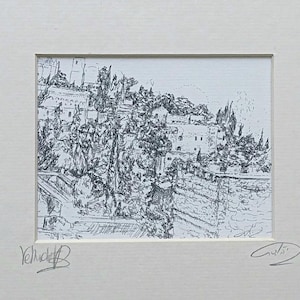 May include: Black and white ink drawing of a cityscape with buildings and trees. The drawing is signed "Yehuda" in the bottom left corner and "Gvili" in the bottom right corner.