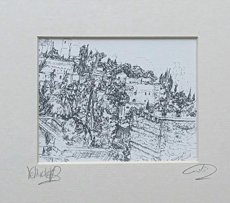 May include: Black and white ink drawing of a cityscape with buildings and trees. The drawing is signed "Yehuda" in the bottom left corner and "Gvili" in the bottom right corner.