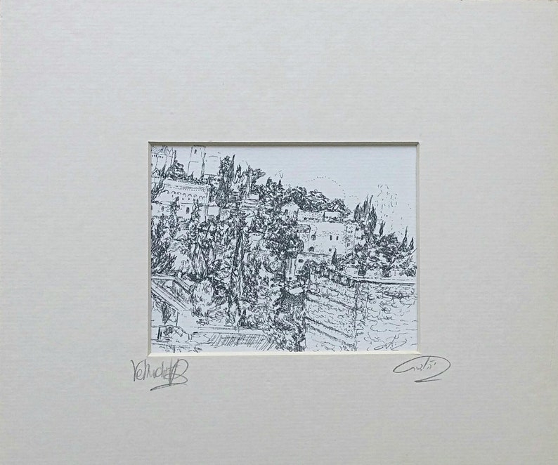May include: Black and white ink drawing of a hillside village with buildings and trees. The drawing is signed "Volk" and "G.N."