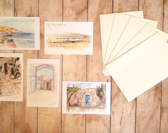 Landscape, Holy land, Watercolor, postcard, Tzfat, Lake Kinneret, Sea of Galilee, Northern Israel, Judaica, Jewish Art, Israel, Souvenir