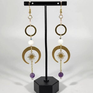 Celestial Women Jewelry, Long Gold Earrings, Crescent Moon Jewelry, Amethyst, Moonstone, Crystal Earrings, Girlfriend Birthday Gift, For Her