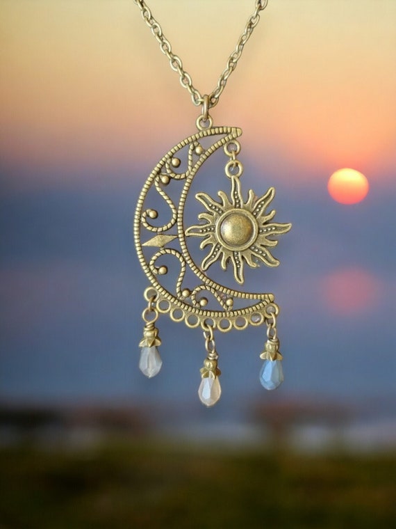 Moon Sun Pendant Necklace, Long Bronze Pendant, Witchy Jewelry, Womens  Bohemian Jewelry, Handmade Gift For Her, Small Gift, Crescent Moon