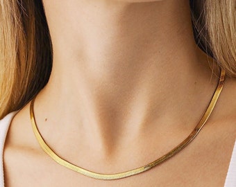 18k Gold Herringbone Necklace, Gold Snake Chain, Minimalist Gold Chain, Trendy Jewelry for Women