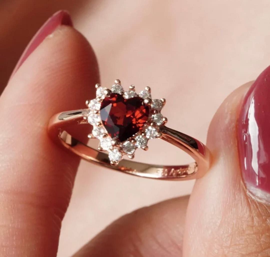 Red Heart Gem Ring, Gold Plated 925 Sterling Silver, Ruby